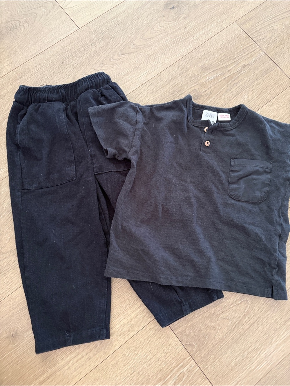Zara Black Boys Henley Tee & Elastic Waist Pants Set